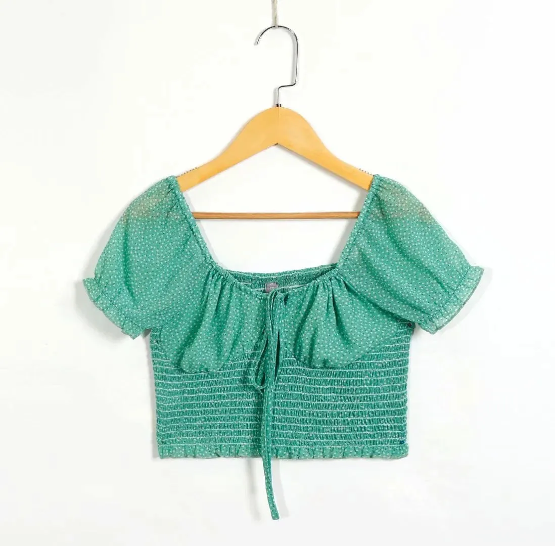 Front tie rope bubble sleeve blouse sexy leaky navel short printed shirt top