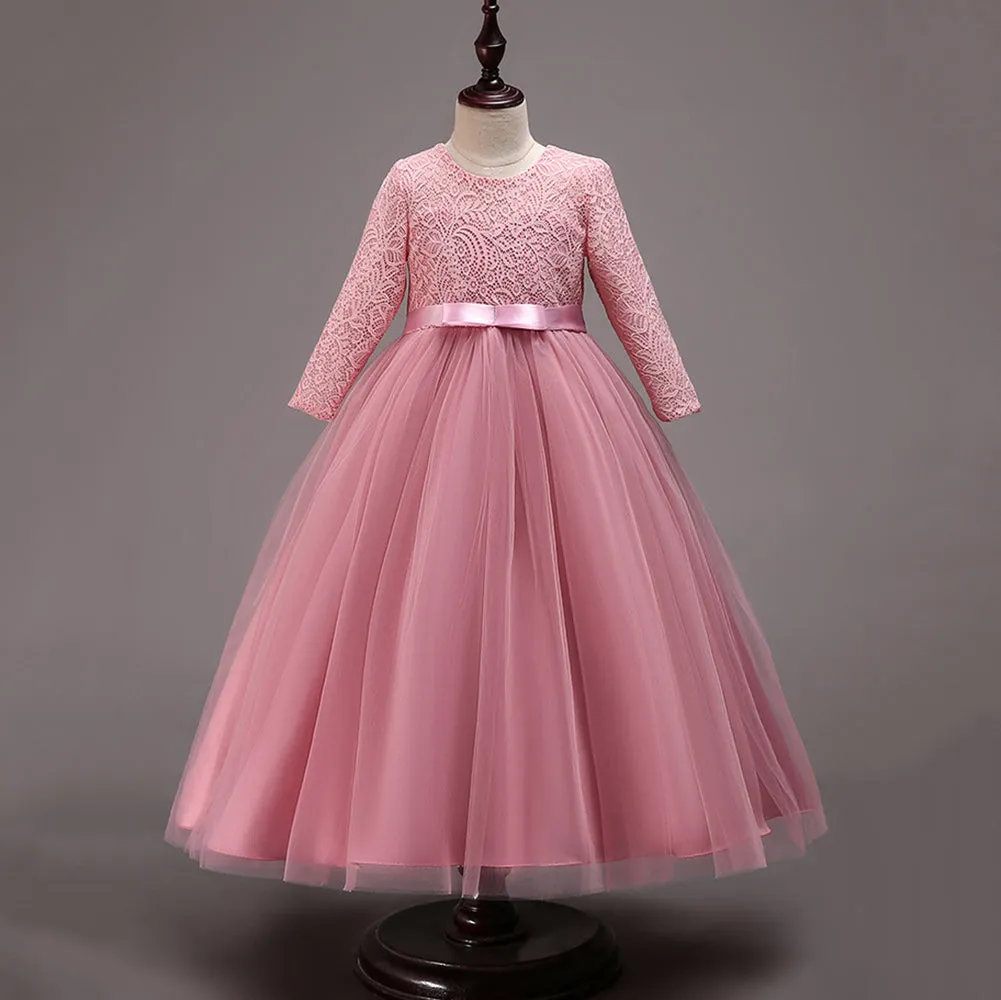 Girls Lace Tulle Floor Length Bridesmaid Party Wedding Formal dress