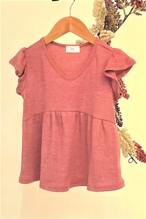 Girls V-Neck Babydoll Ruffled Sleeve Top - Berry