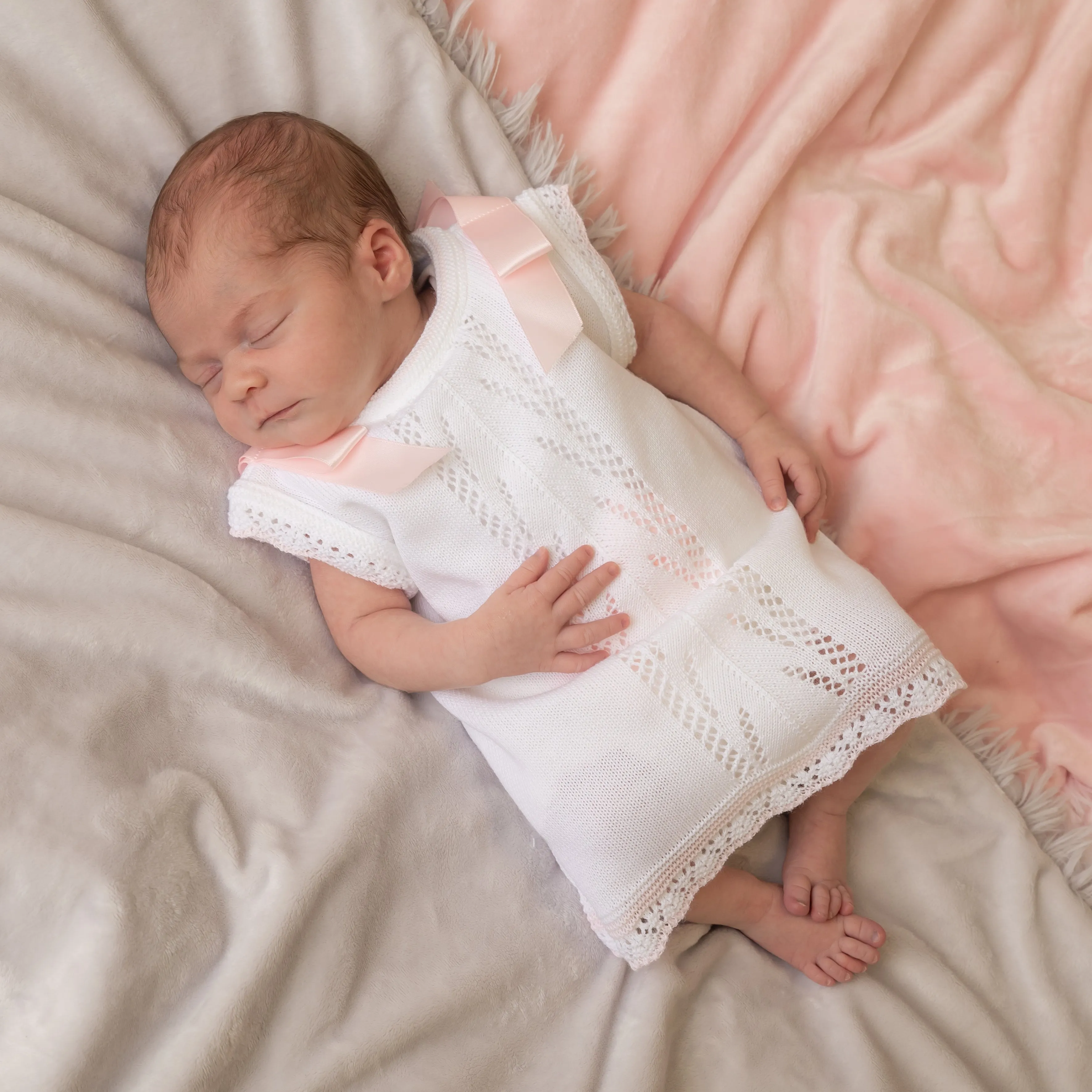 Girls White & Pink Satin Bow Knitted Dress & Pants
