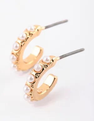Gold Pearl Huggie Hoop Earrings
