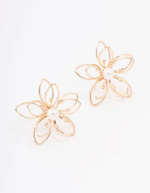 Gold Wire Pearl Flower Stud Earrings