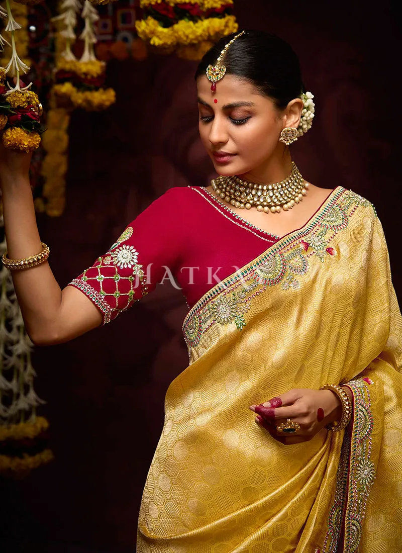 Golden Yellow Multi Embroidery Kanjivaram Silk Saree