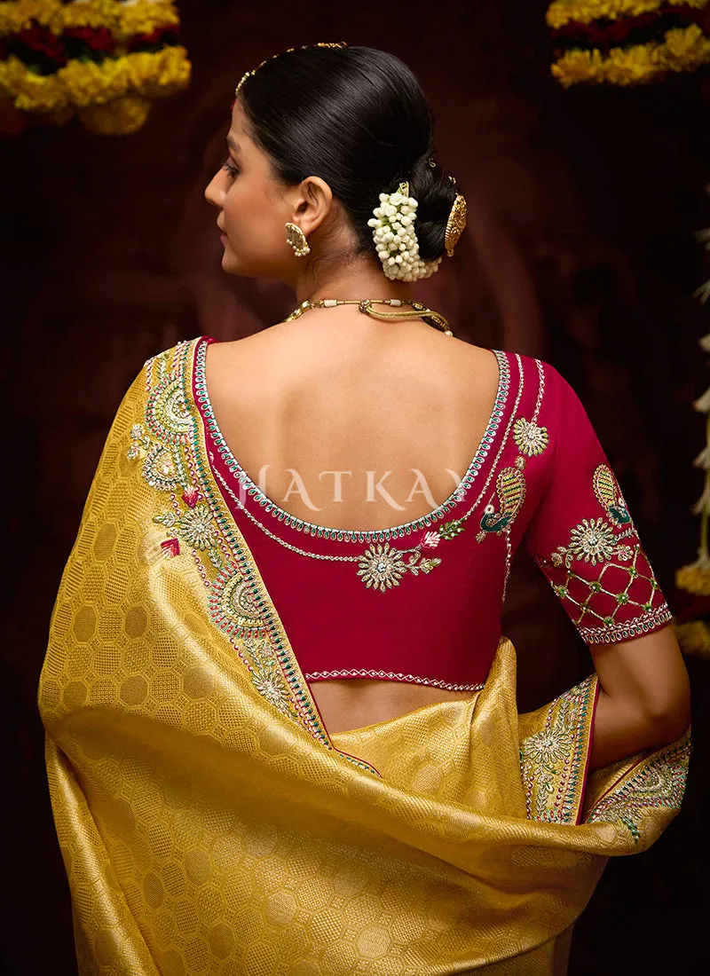 Golden Yellow Multi Embroidery Kanjivaram Silk Saree