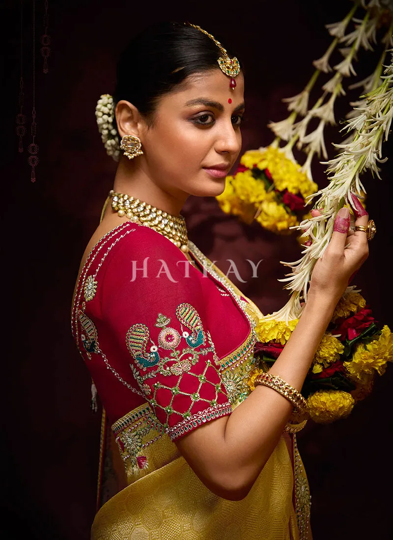 Golden Yellow Multi Embroidery Kanjivaram Silk Saree