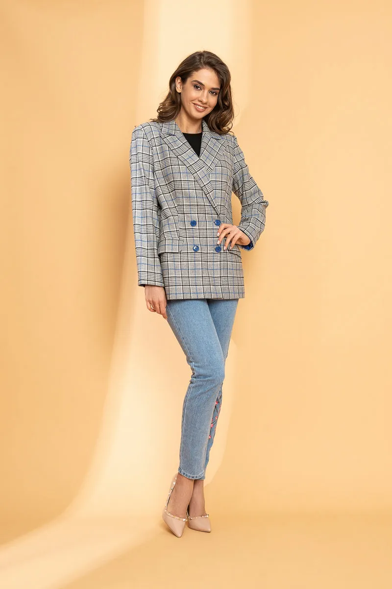 Gray and Blue Checkered Blazer