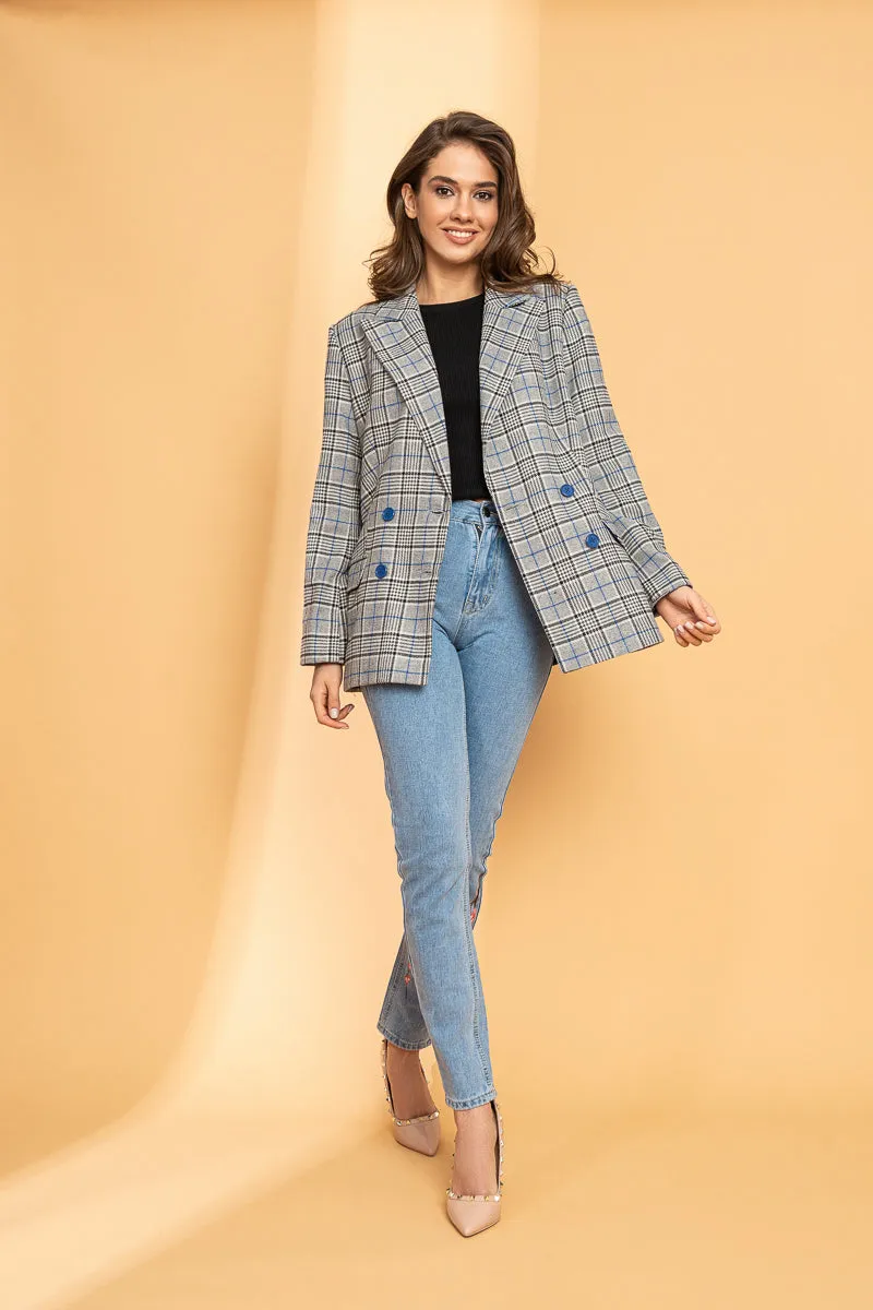 Gray and Blue Checkered Blazer