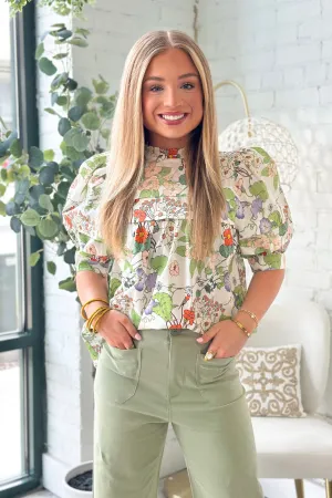 Green and Orange Floral Puff Sleeve Top