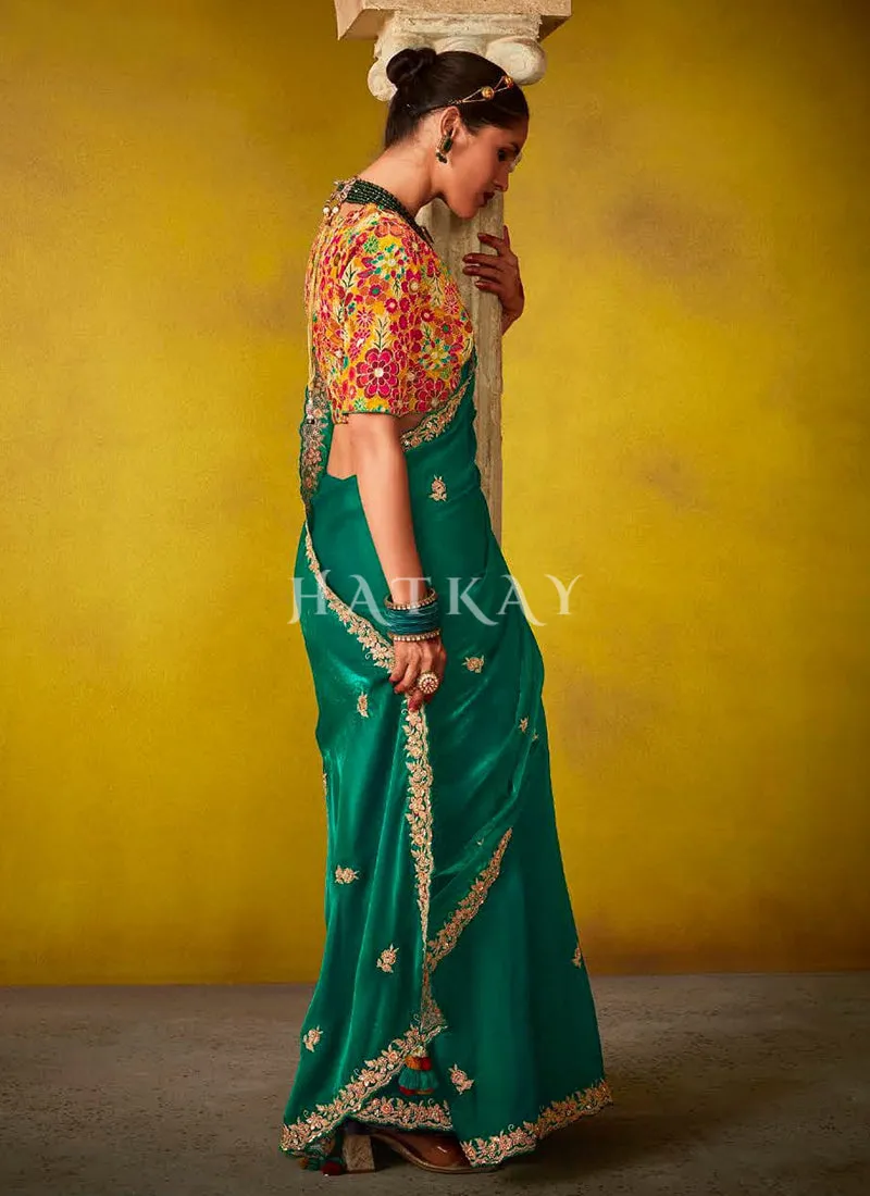 Green And Yellow Multi Embroidery Silk Saree