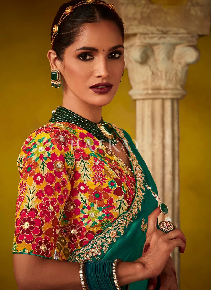 Green And Yellow Multi Embroidery Silk Saree