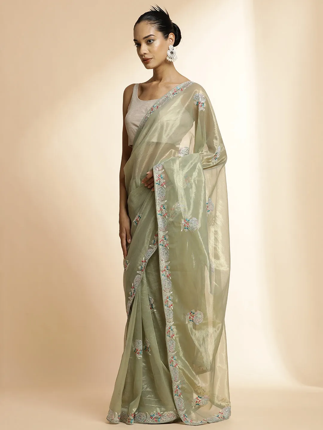 Green Net Party Wear Sequin Work Saree