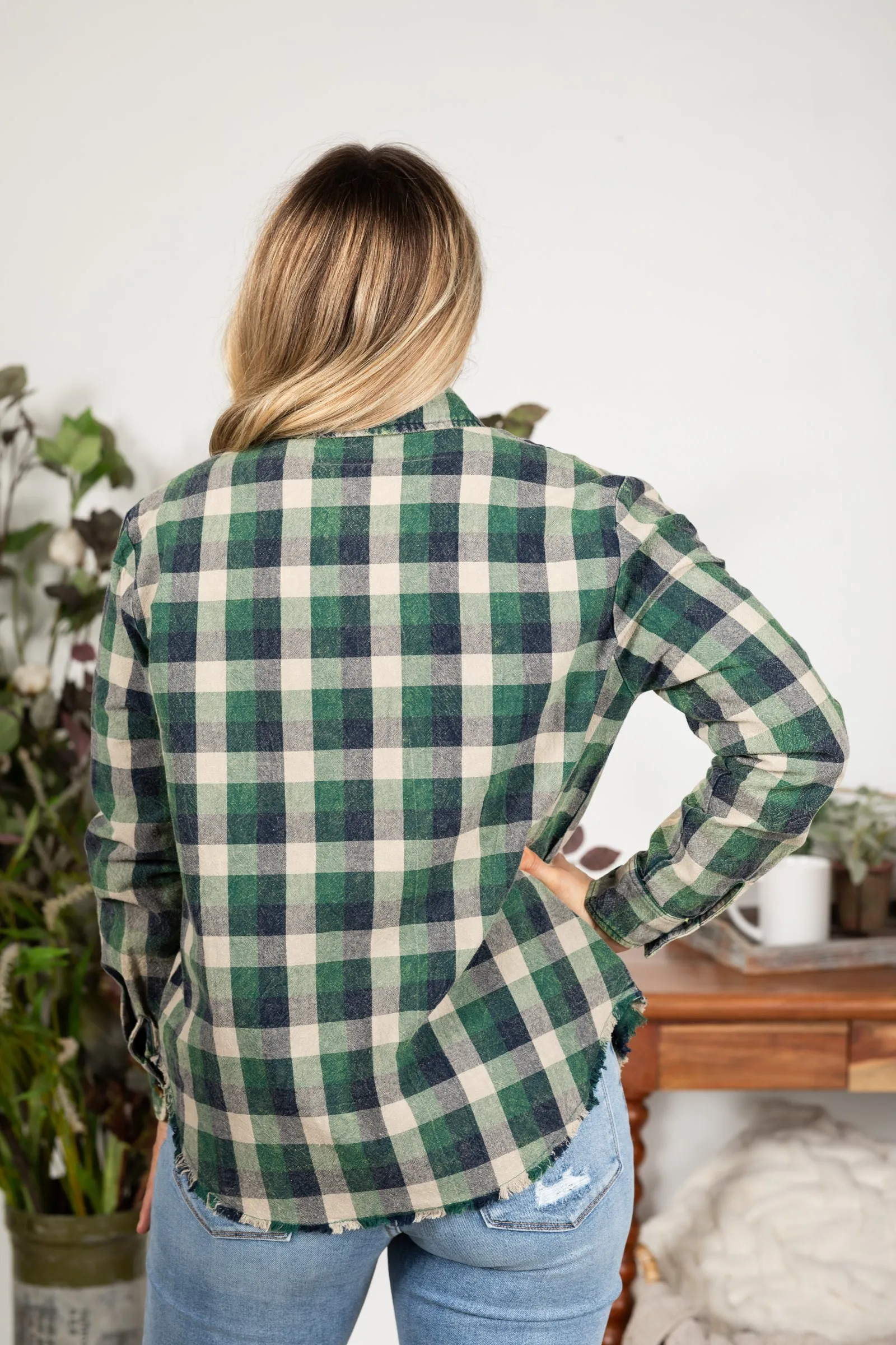 Green Plaid Mineral Washed Button Down Top