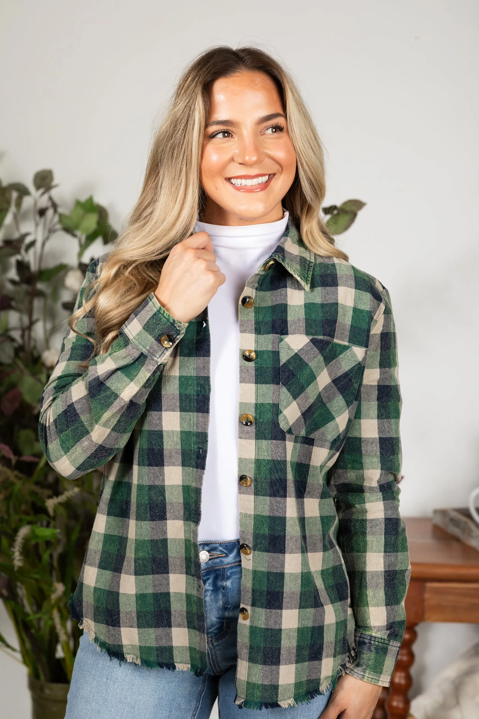 Green Plaid Mineral Washed Button Down Top