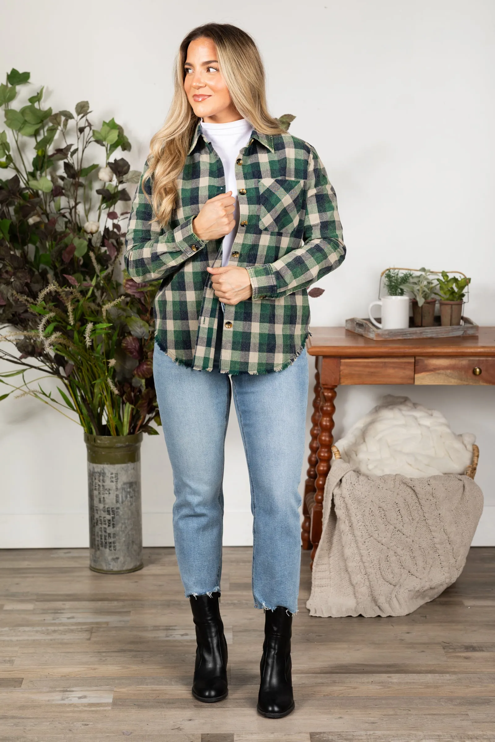 Green Plaid Mineral Washed Button Down Top