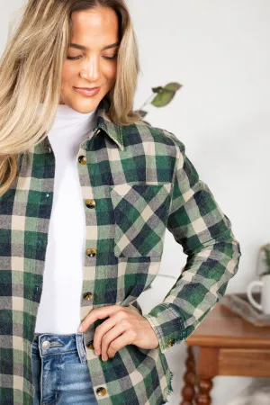 Green Plaid Mineral Washed Button Down Top