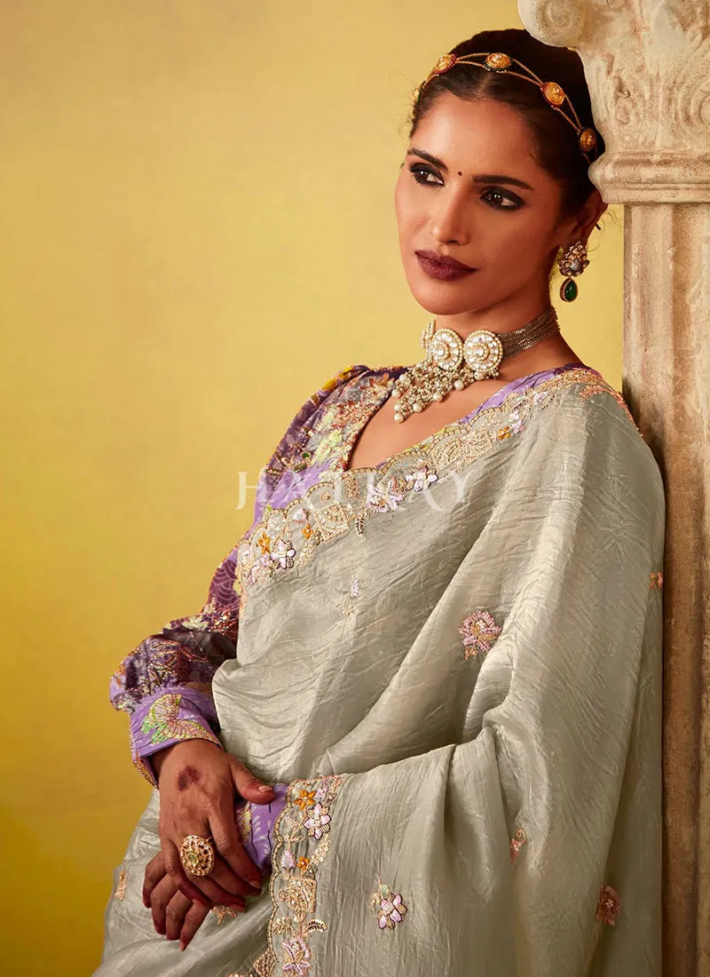 Grey And Purple Multi Embroidery Silk Saree