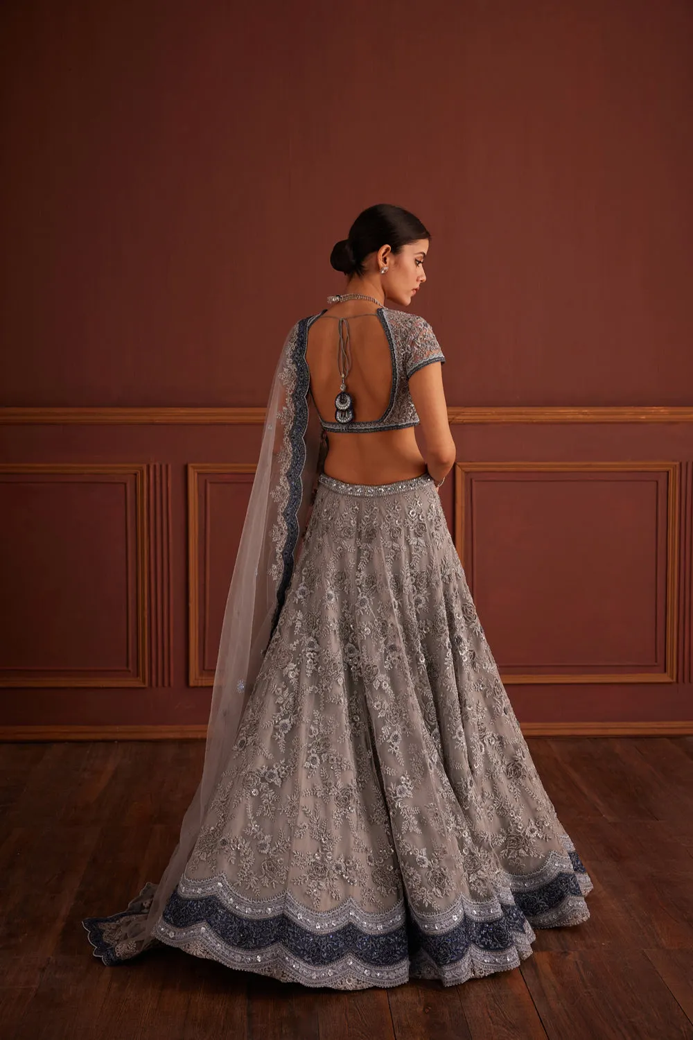 Grey Bead Embellished Scalloped Lehenga