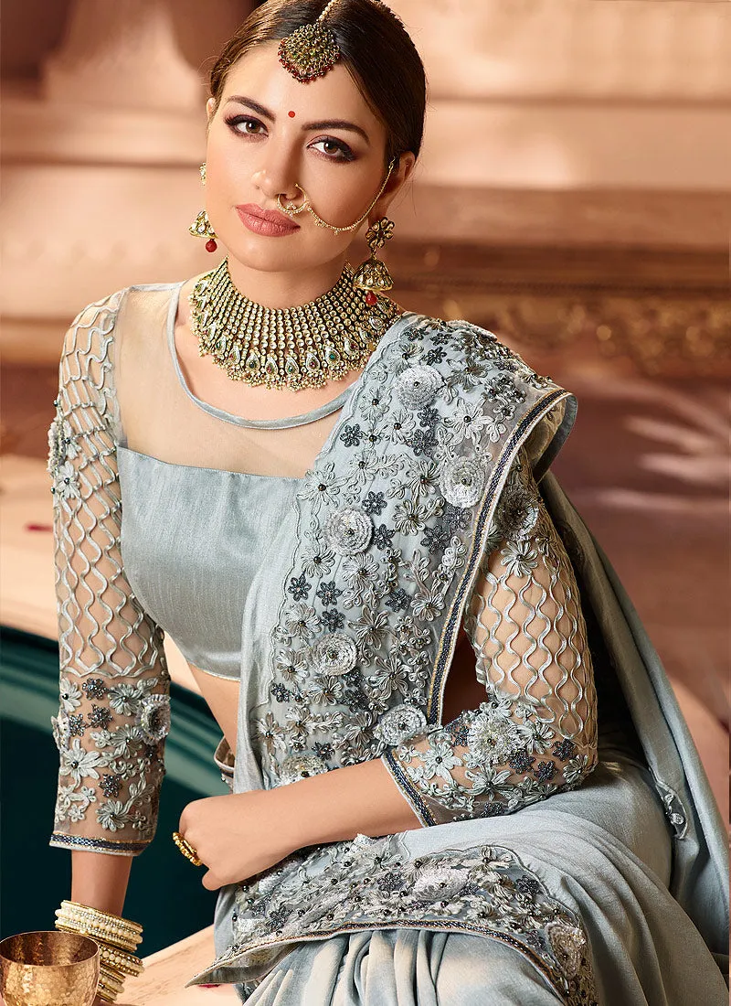 Grey Chic Style Motif Embroidered Silk And Net Designer Saree
