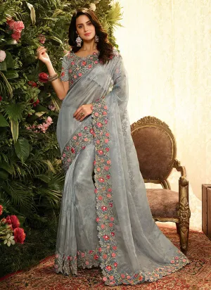 Grey Floral Embroidered Designer Saree With Blouse