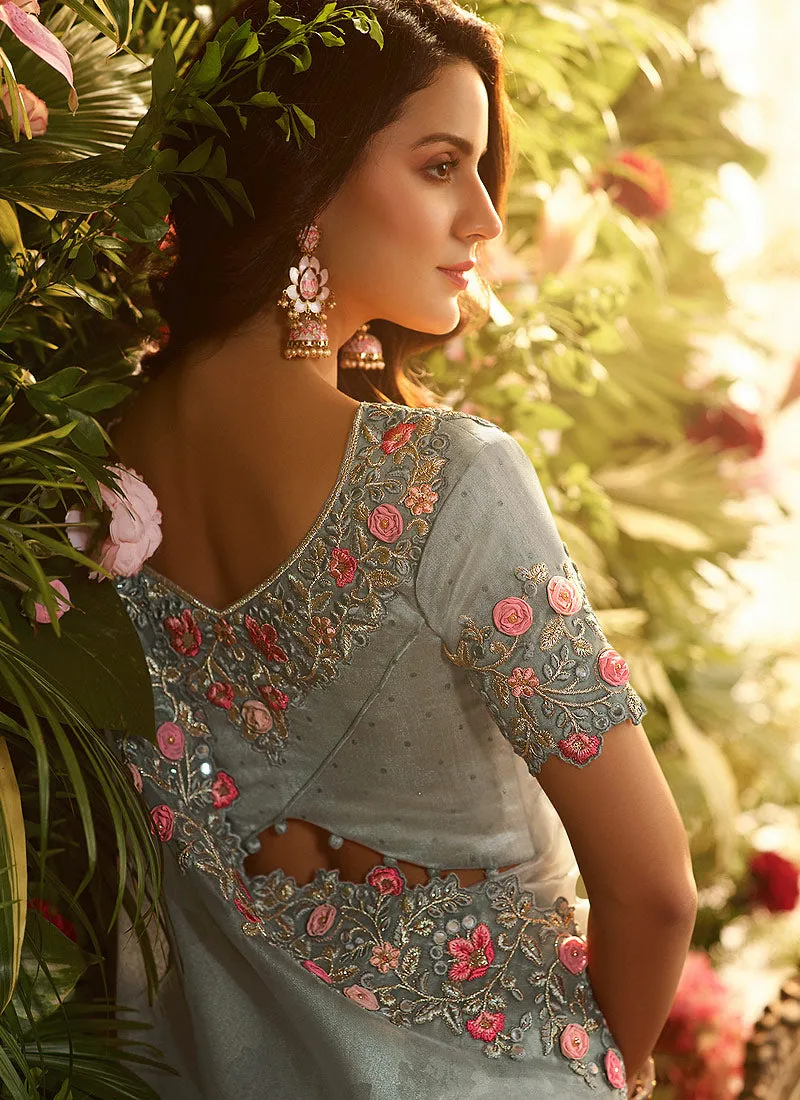 Grey Floral Embroidered Designer Saree With Blouse