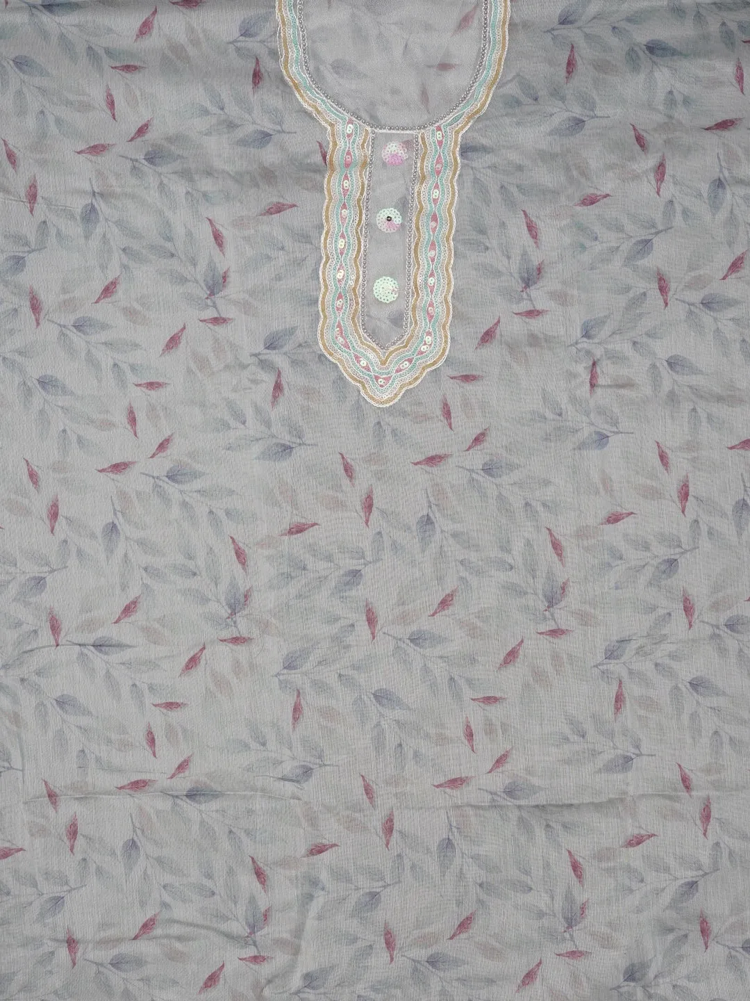 Grey Sequin Work Floral Printed Cotton Blend Dress Material with Dupatta