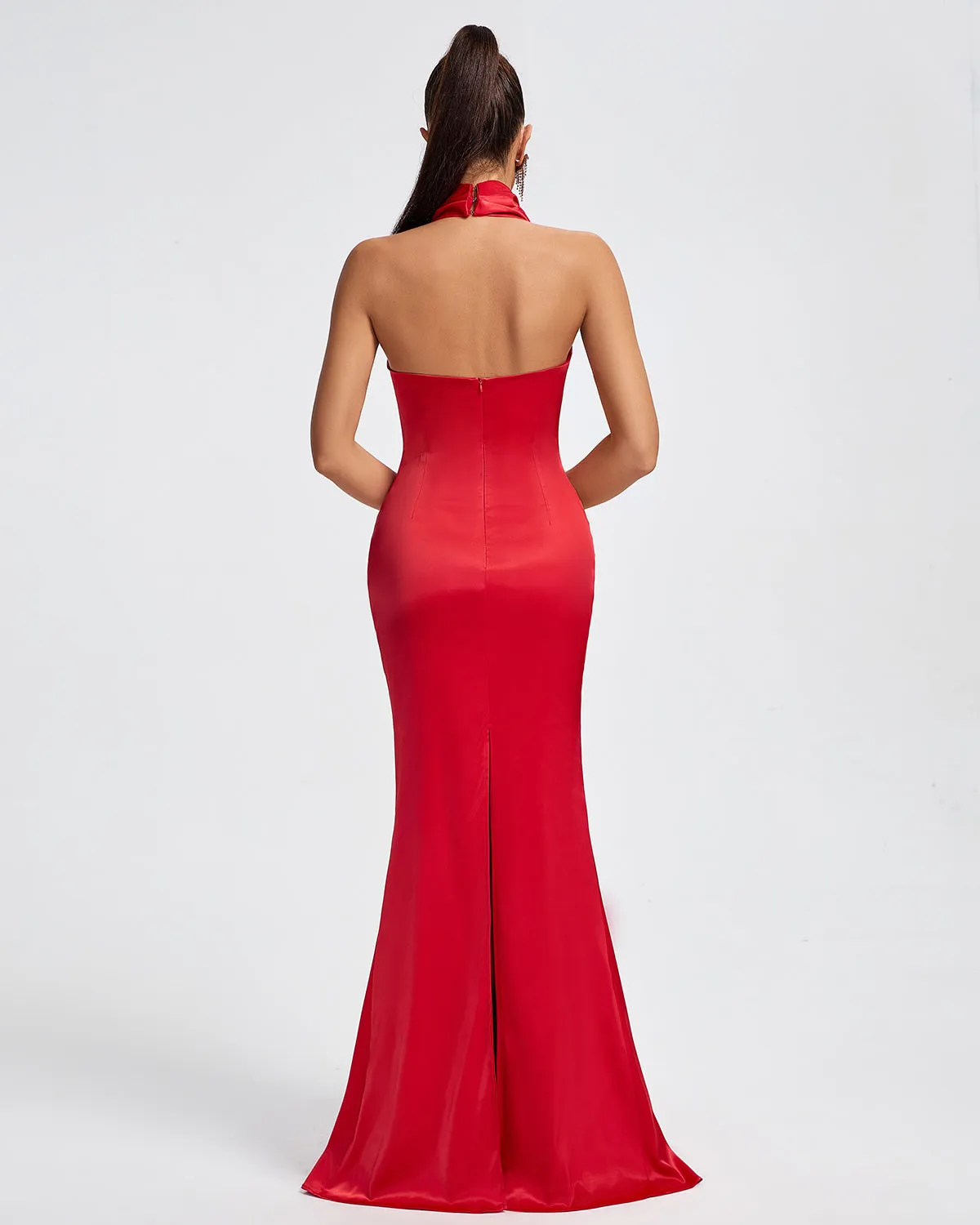 Halter Draped Satin Mermaid Maxi Dress
