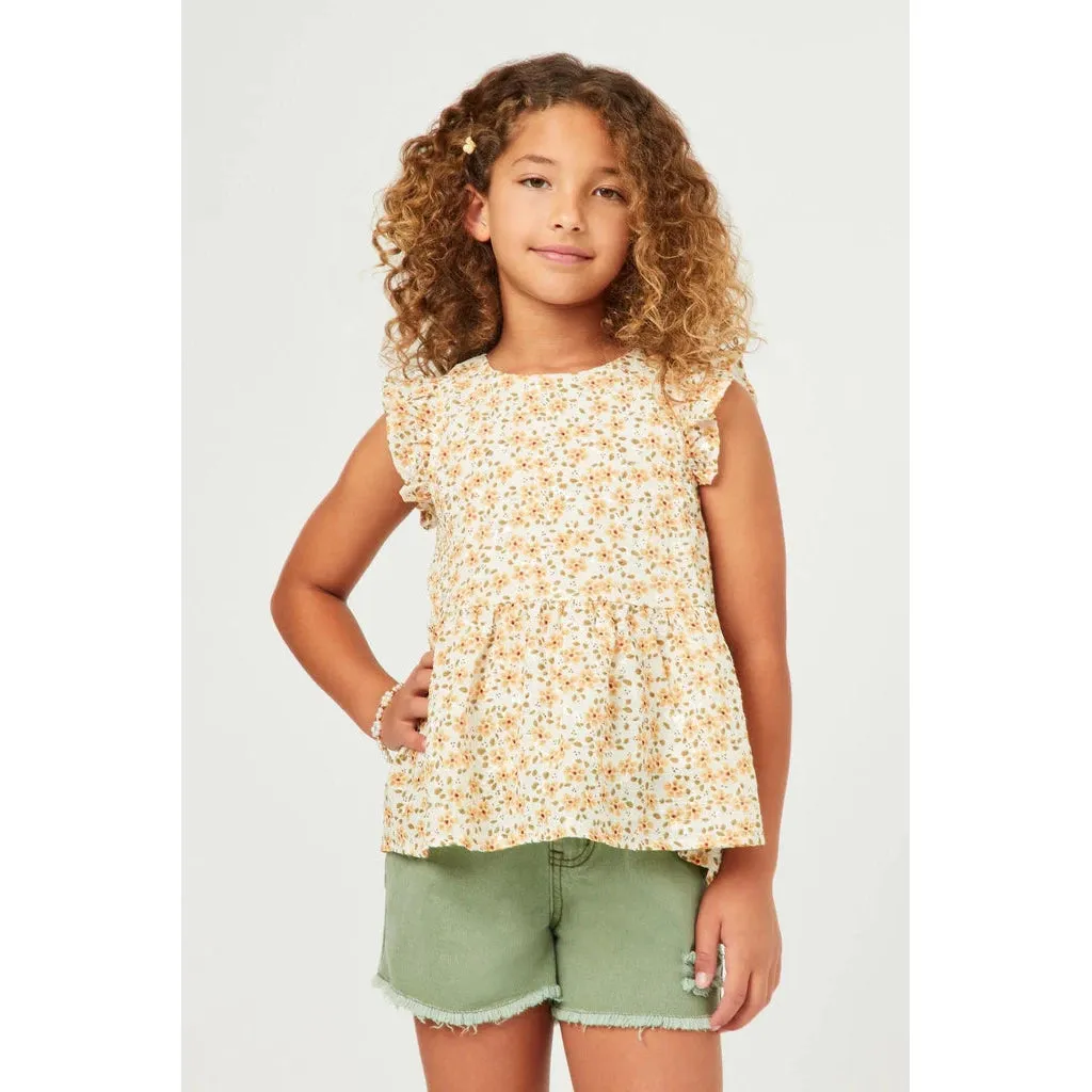 Hayden Girls Lurex Embroidered Antique Floral Ruffled Top
