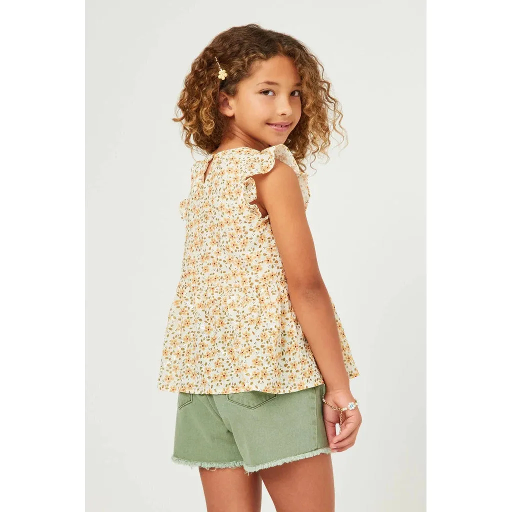 Hayden Girls Lurex Embroidered Antique Floral Ruffled Top