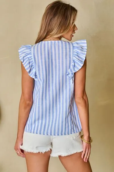 Hazel Blues® |  Embroidered Tassel Striped Tie Neck Blouse