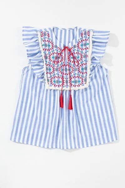 Hazel Blues® |  Embroidered Tassel Striped Tie Neck Blouse