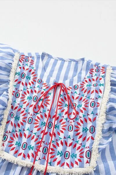 Hazel Blues® |  Embroidered Tassel Striped Tie Neck Blouse