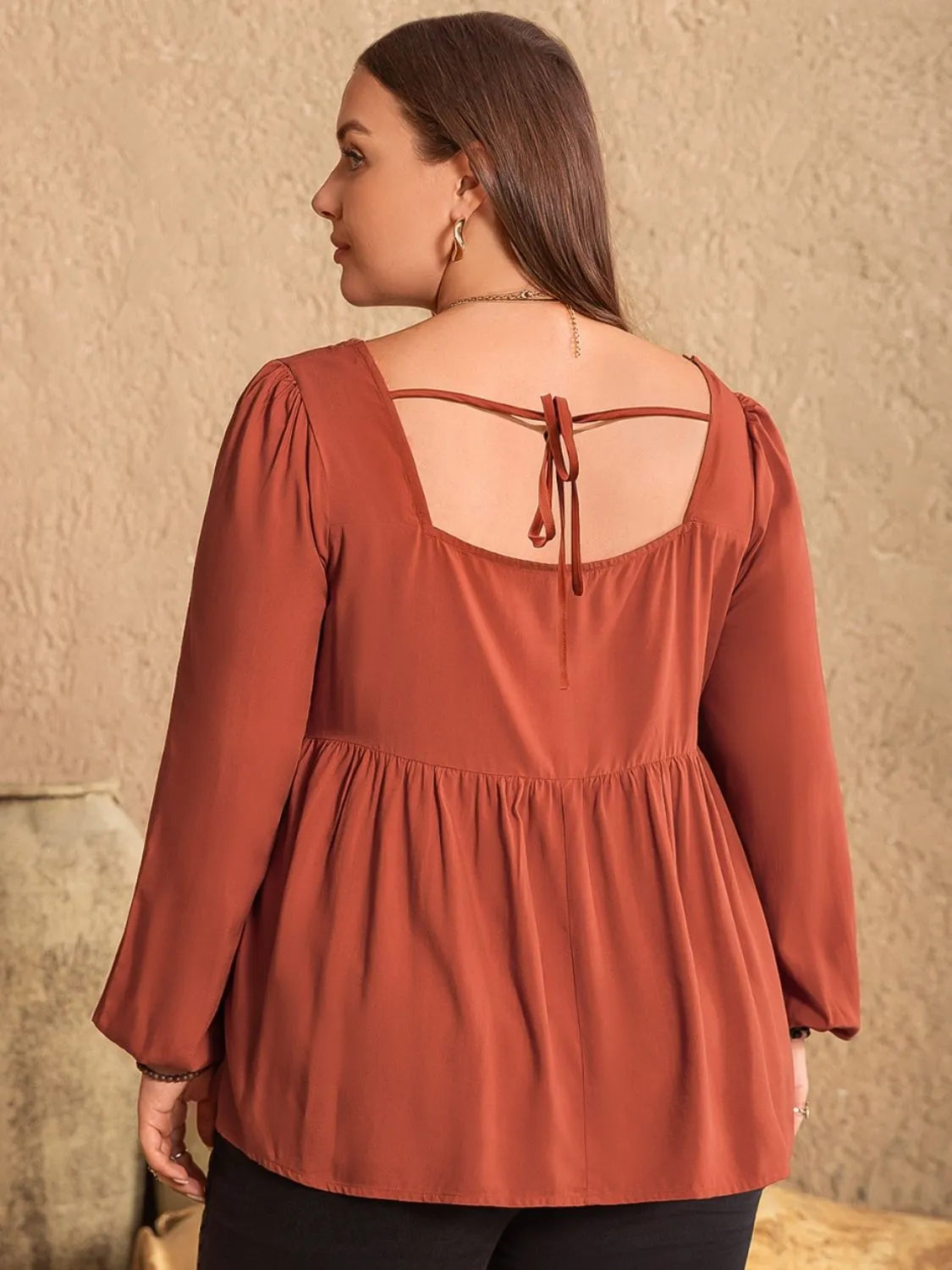 Hazel Blues® | Lace Detail Square Neck Long Sleeve Blouse