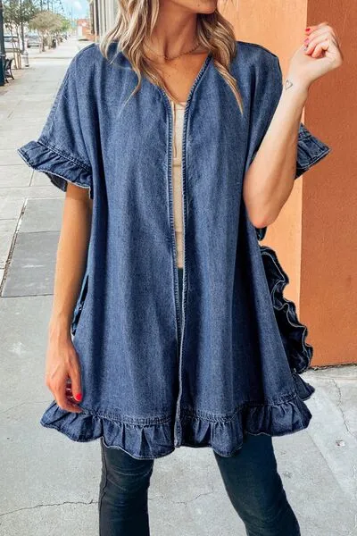 Hazel Blues® |  Ruffled Open Front Denim Top