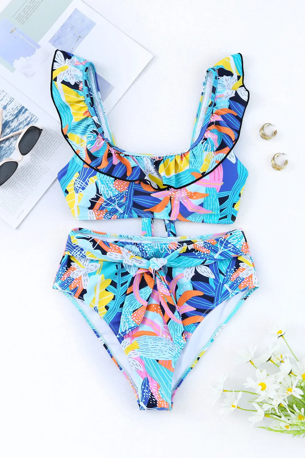 Hazel Blues® |  Ruffled Wide Strap Swim Top and Bottom Set