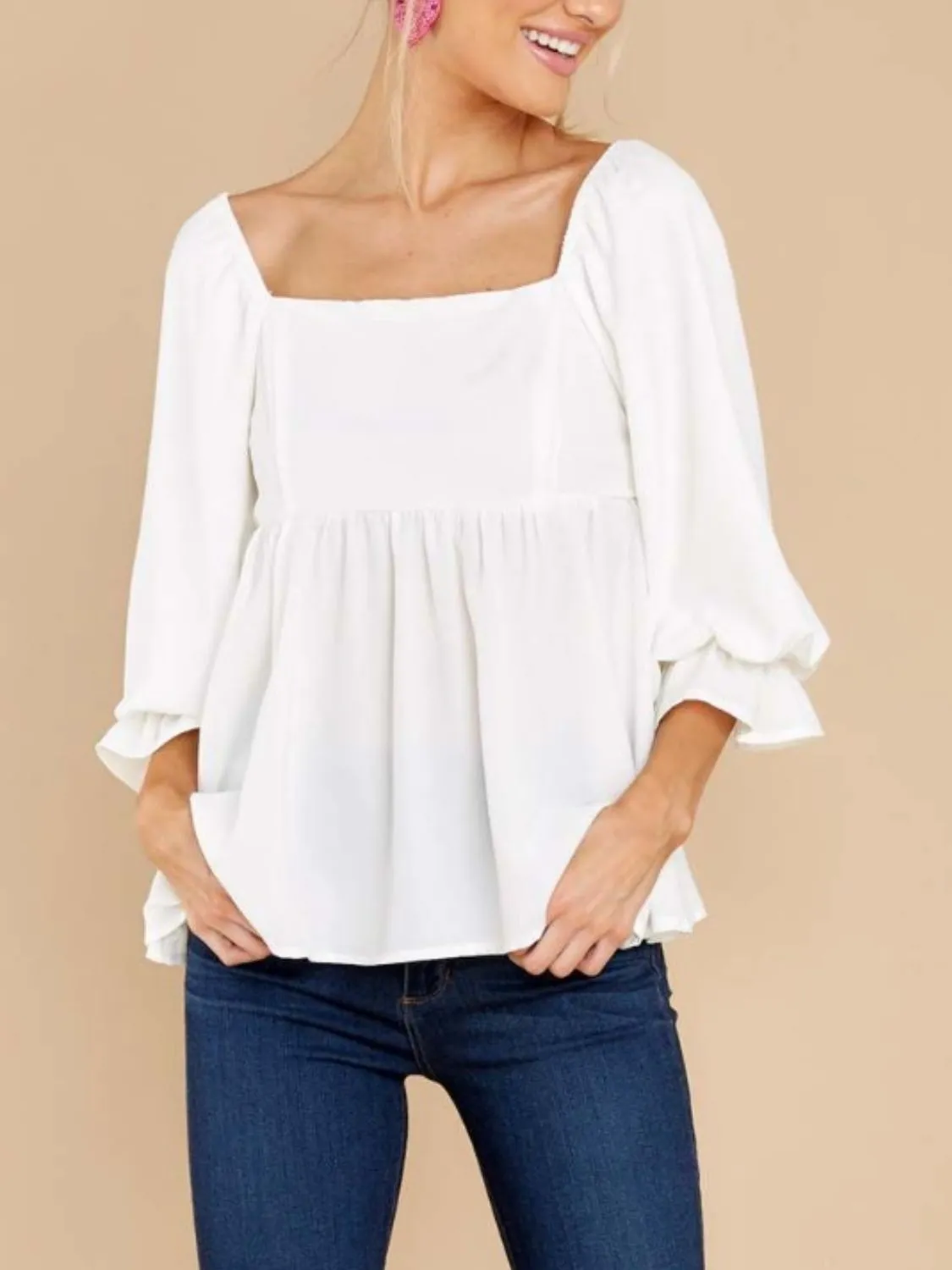 Hazel Blues® |  Smocked Square Neck Flounce Sleeve Blouse