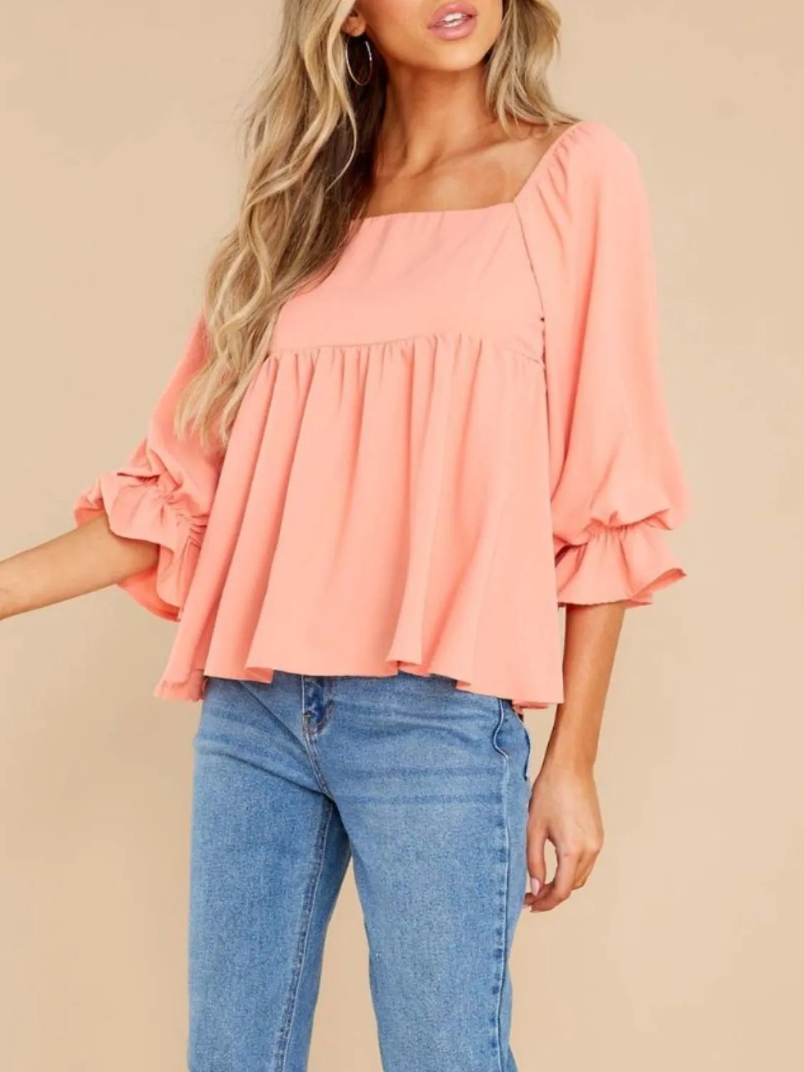 Hazel Blues® |  Smocked Square Neck Flounce Sleeve Blouse