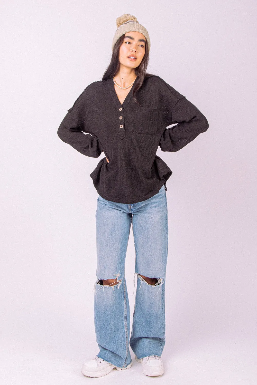 HENLEY BUTTON DOWN HOODED KNIT TOP - CURVY