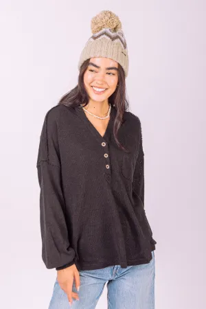 HENLEY BUTTON DOWN HOODED KNIT TOP - CURVY