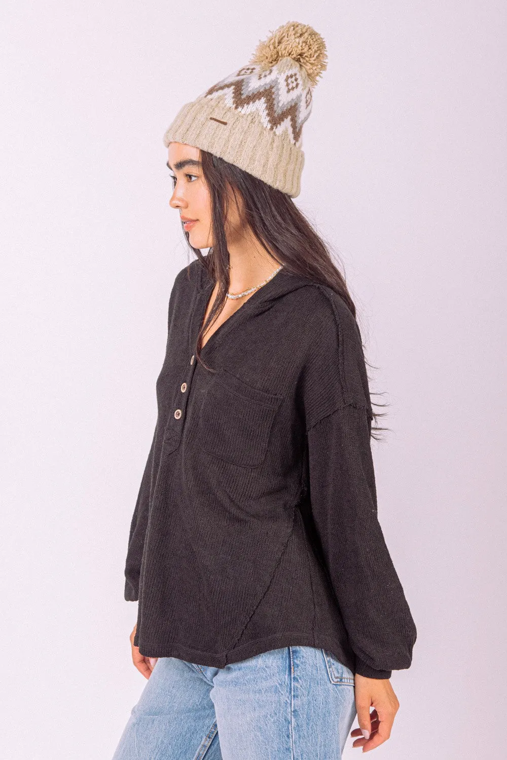 HENLEY BUTTON DOWN HOODED KNIT TOP - CURVY