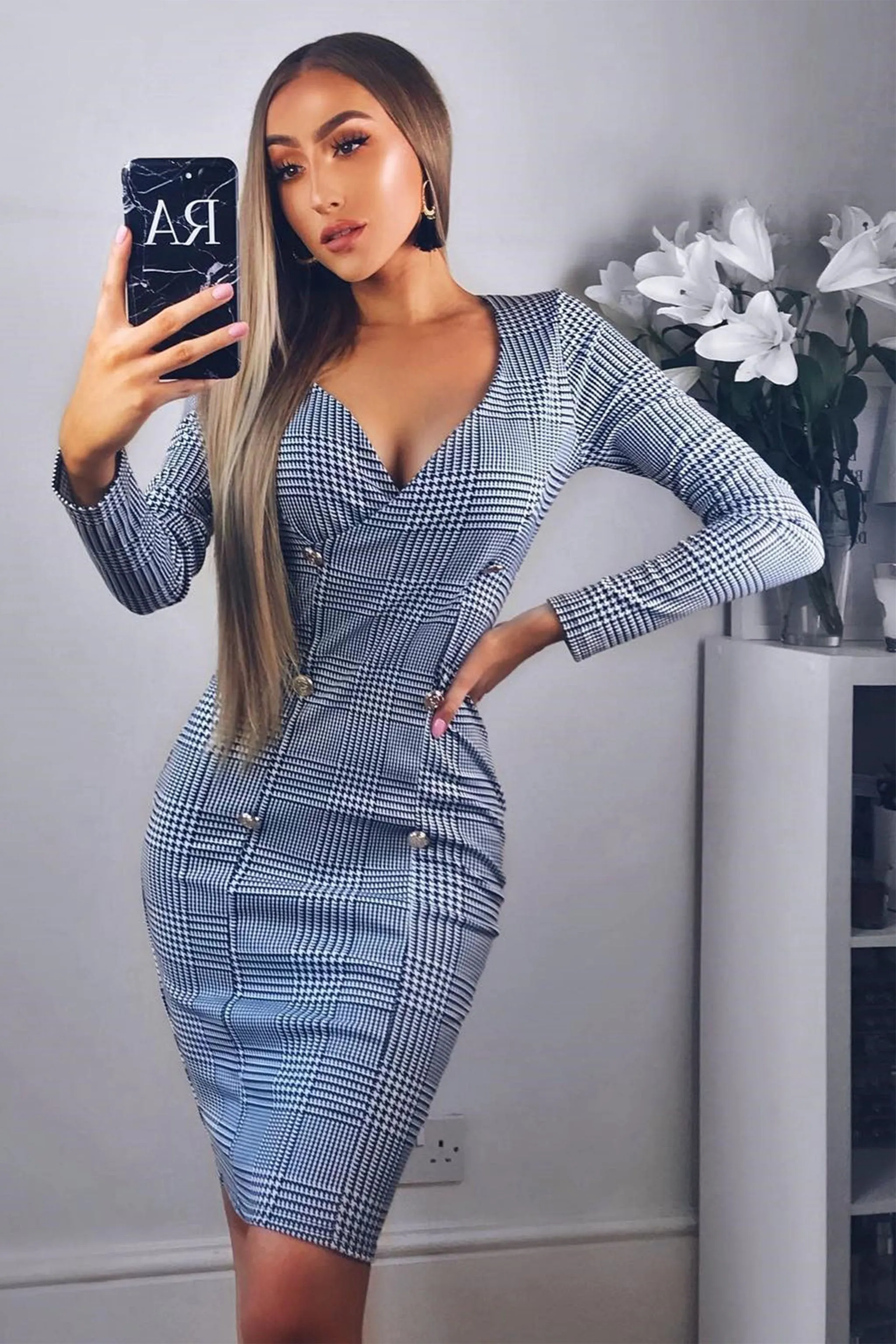 Hound-Tooth Button Detail Blazer Midi Dress - Sariah