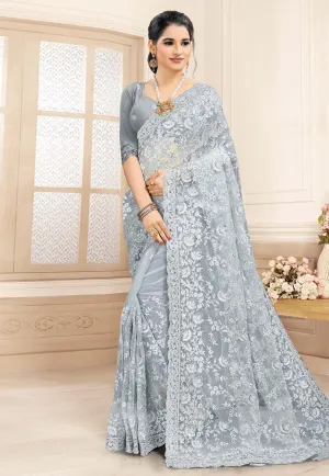 Ice Blue Embroidered Party Wear Saree