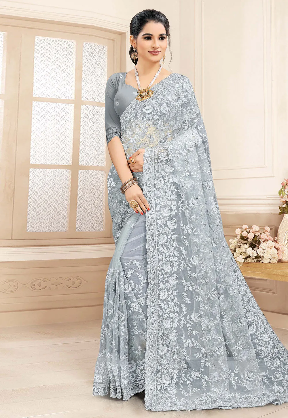 Ice Blue Embroidered Party Wear Saree