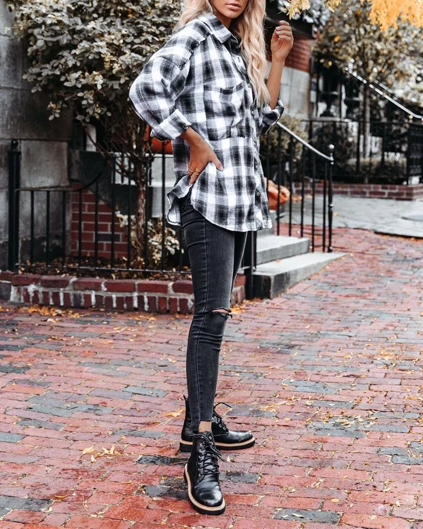 Imagine Cotton Blend Plaid Button Down Top - Black