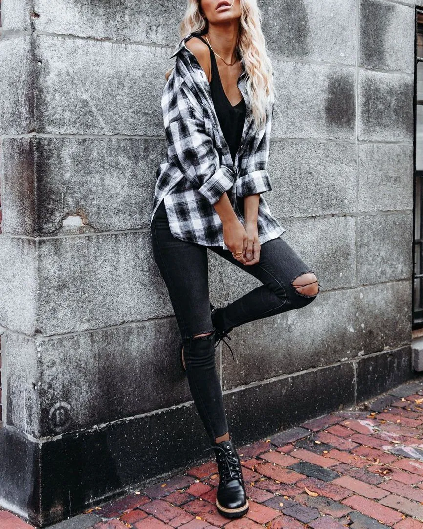 Imagine Cotton Blend Plaid Button Down Top - Black