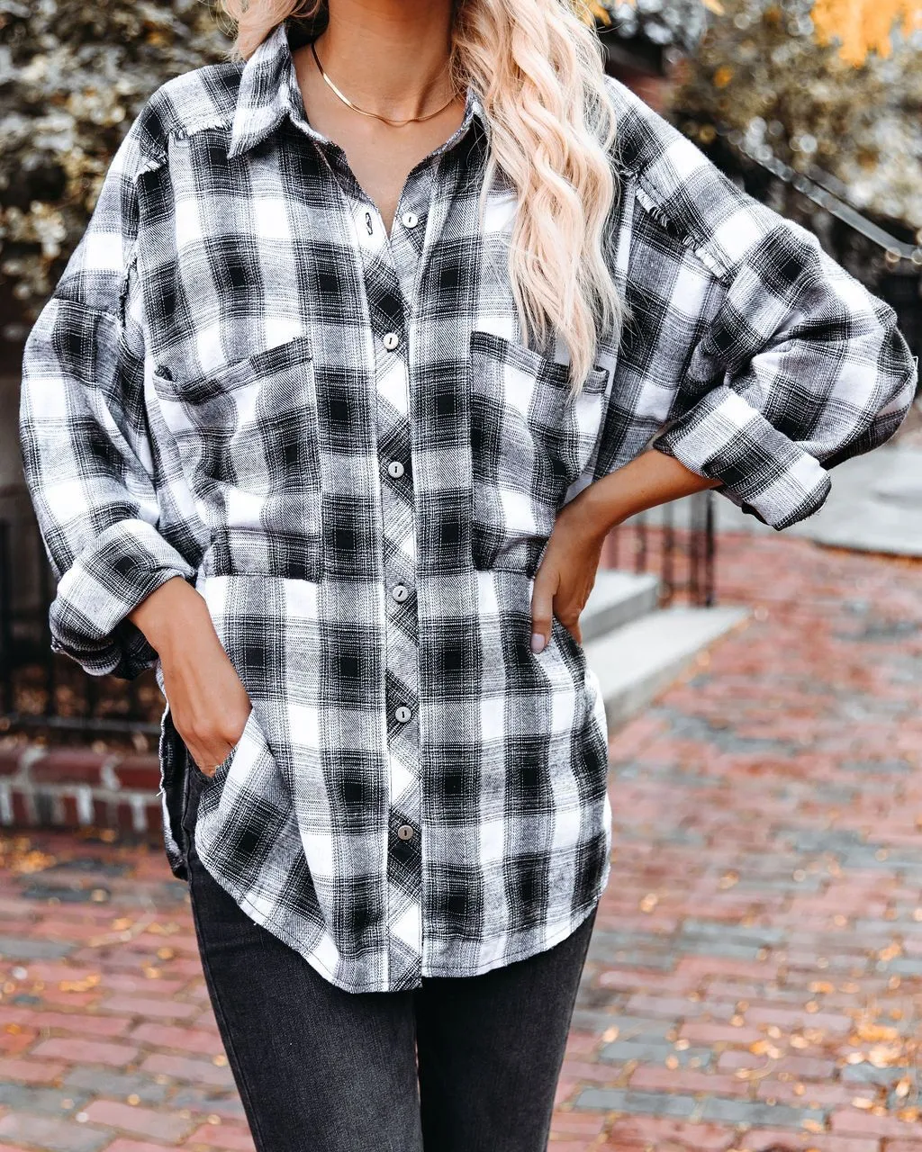 Imagine Cotton Blend Plaid Button Down Top - Black