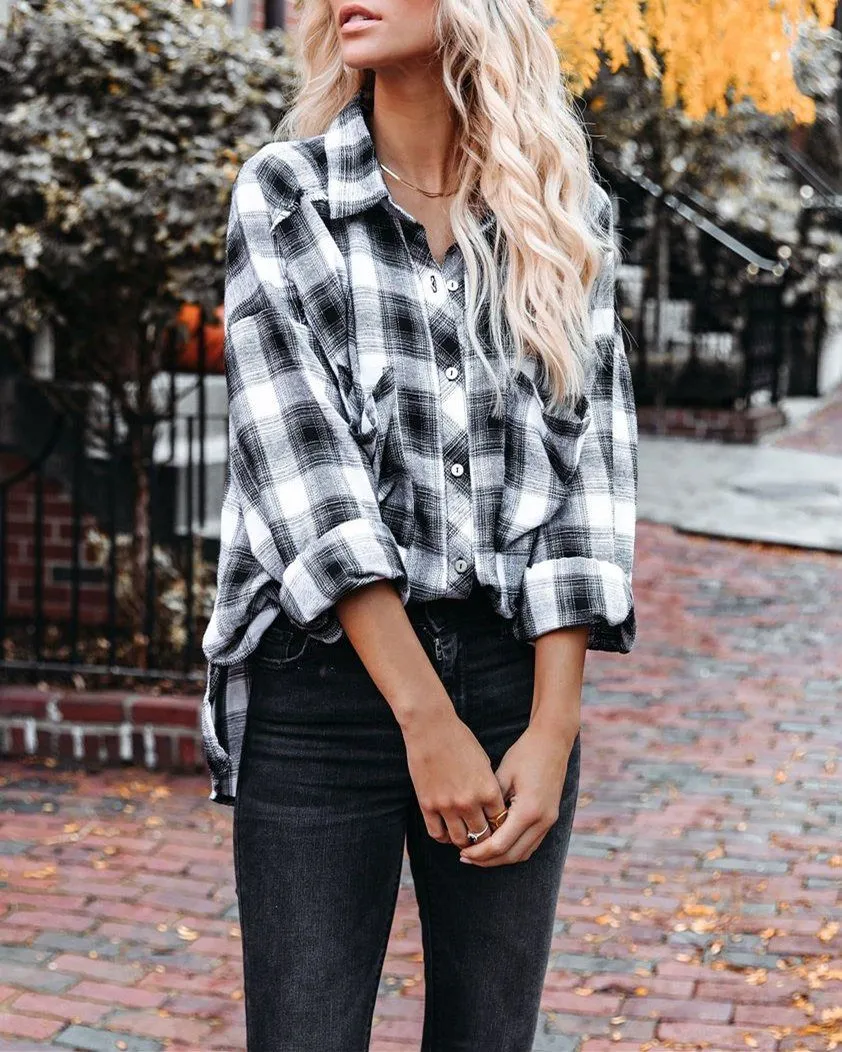 Imagine Cotton Blend Plaid Button Down Top - Black