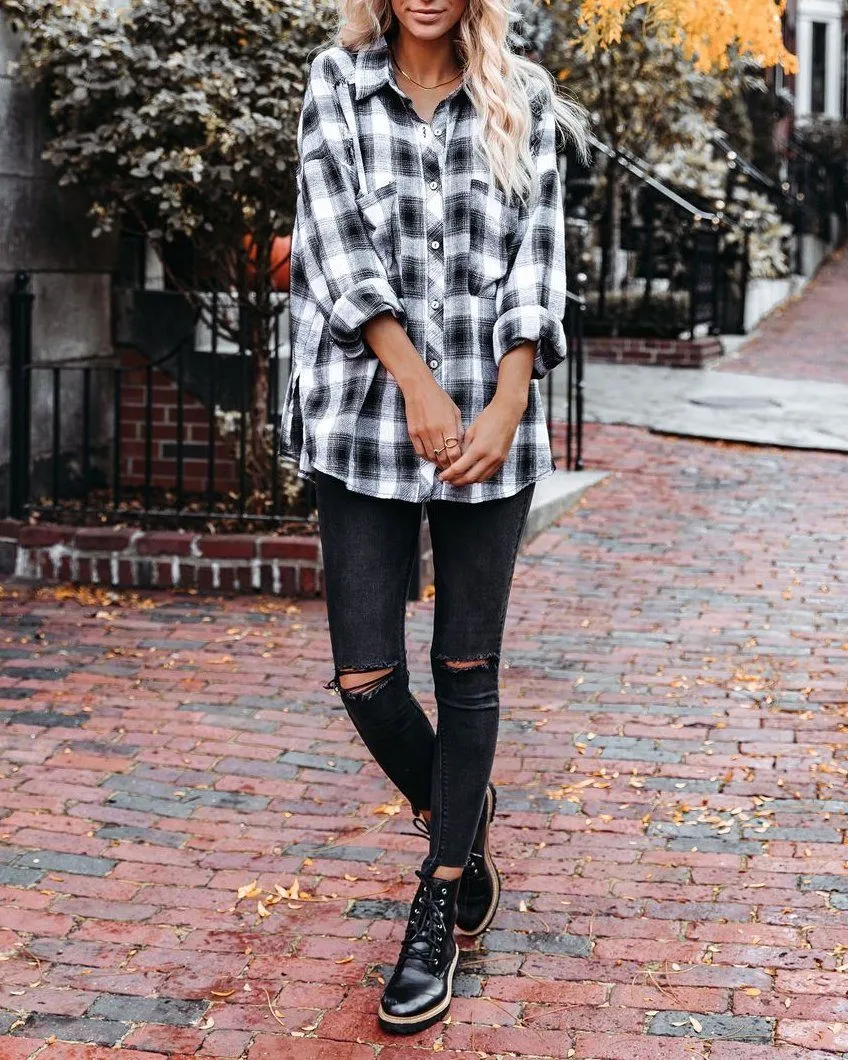 Imagine Cotton Blend Plaid Button Down Top - Black