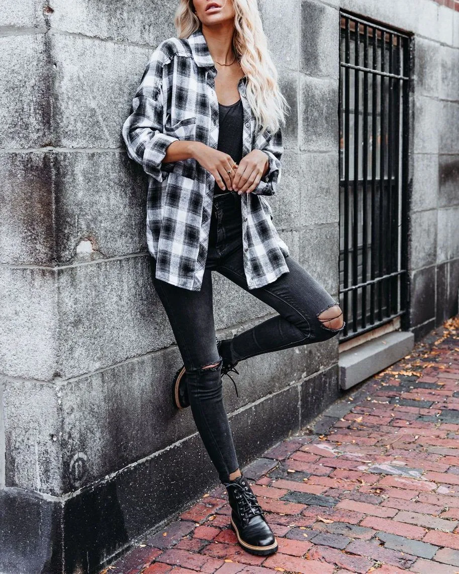 Imagine Cotton Blend Plaid Button Down Top - Black