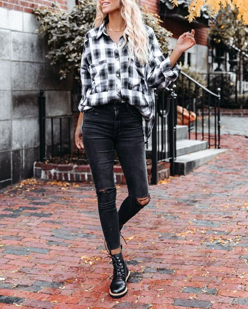 Imagine Cotton Blend Plaid Button Down Top - Black
