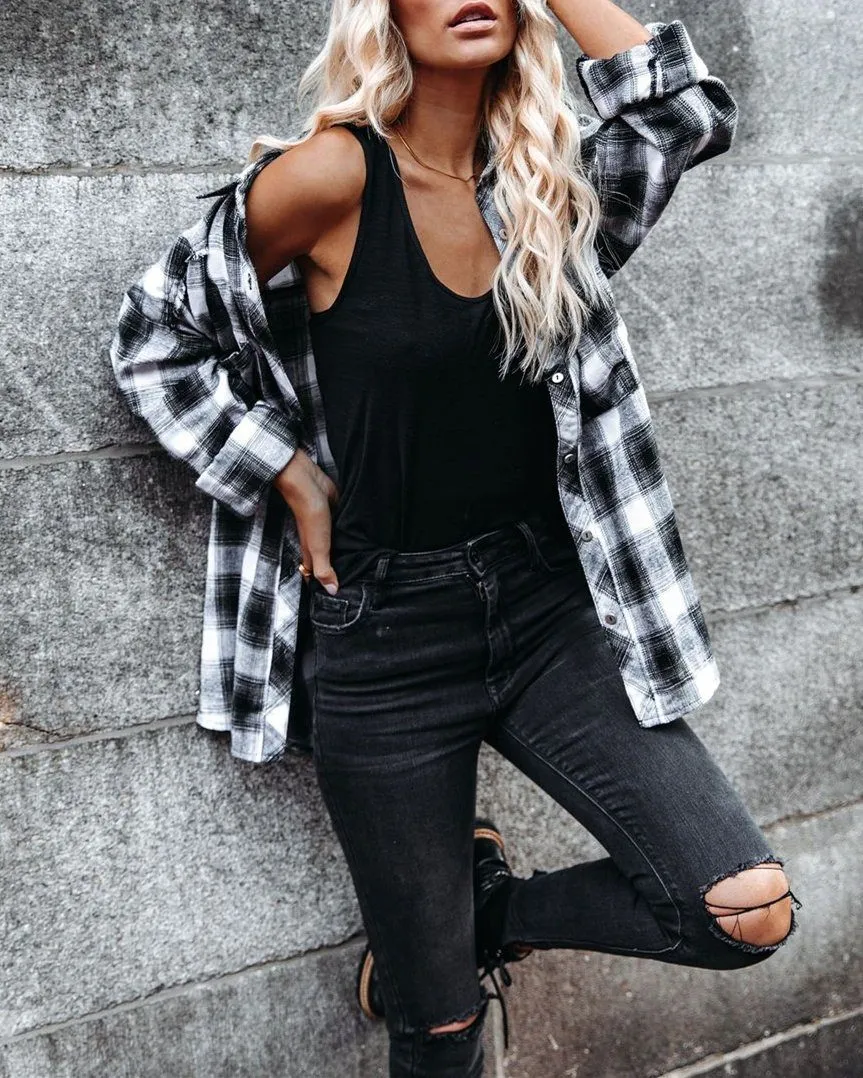 Imagine Cotton Blend Plaid Button Down Top - Black